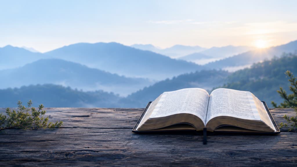 Biblia abierta sobre madera con montanas al amanecer