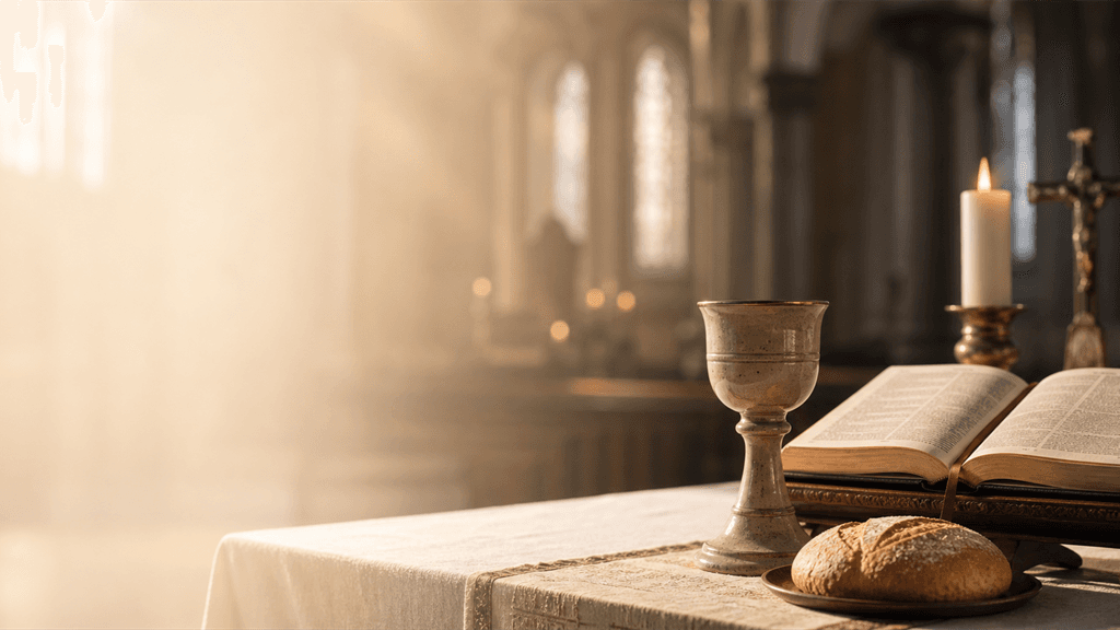 Biblia abierta sobre altar con caliz
