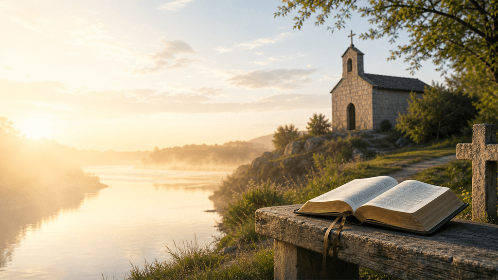 Biblia junto a un rio y capilla al amanecer