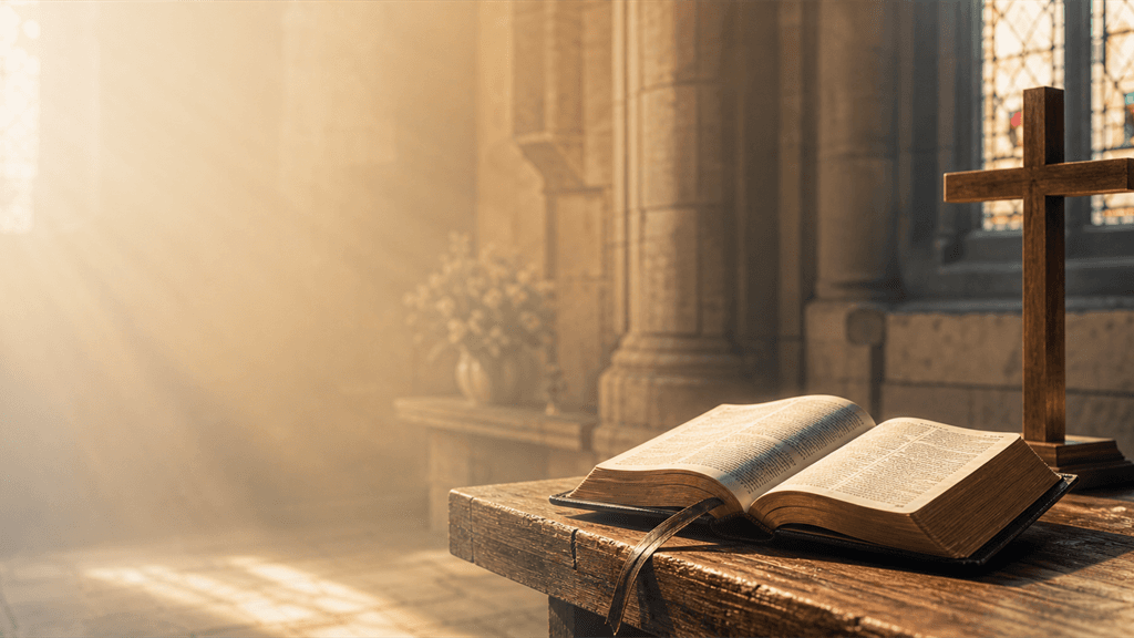 Biblia abierta iluminada por vitrales